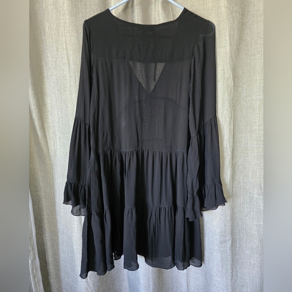 Young Fabulous Broke Sheer Long Sleeve Tiered Dress Black V Neck Size S - Picture 2 of 5